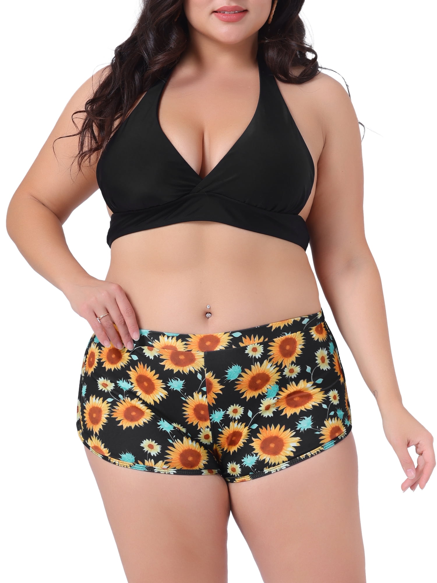DARING DIVA Women's Plus Size 2 Pcs Swimsuits Halter Bathing Suit Sets 1X Black