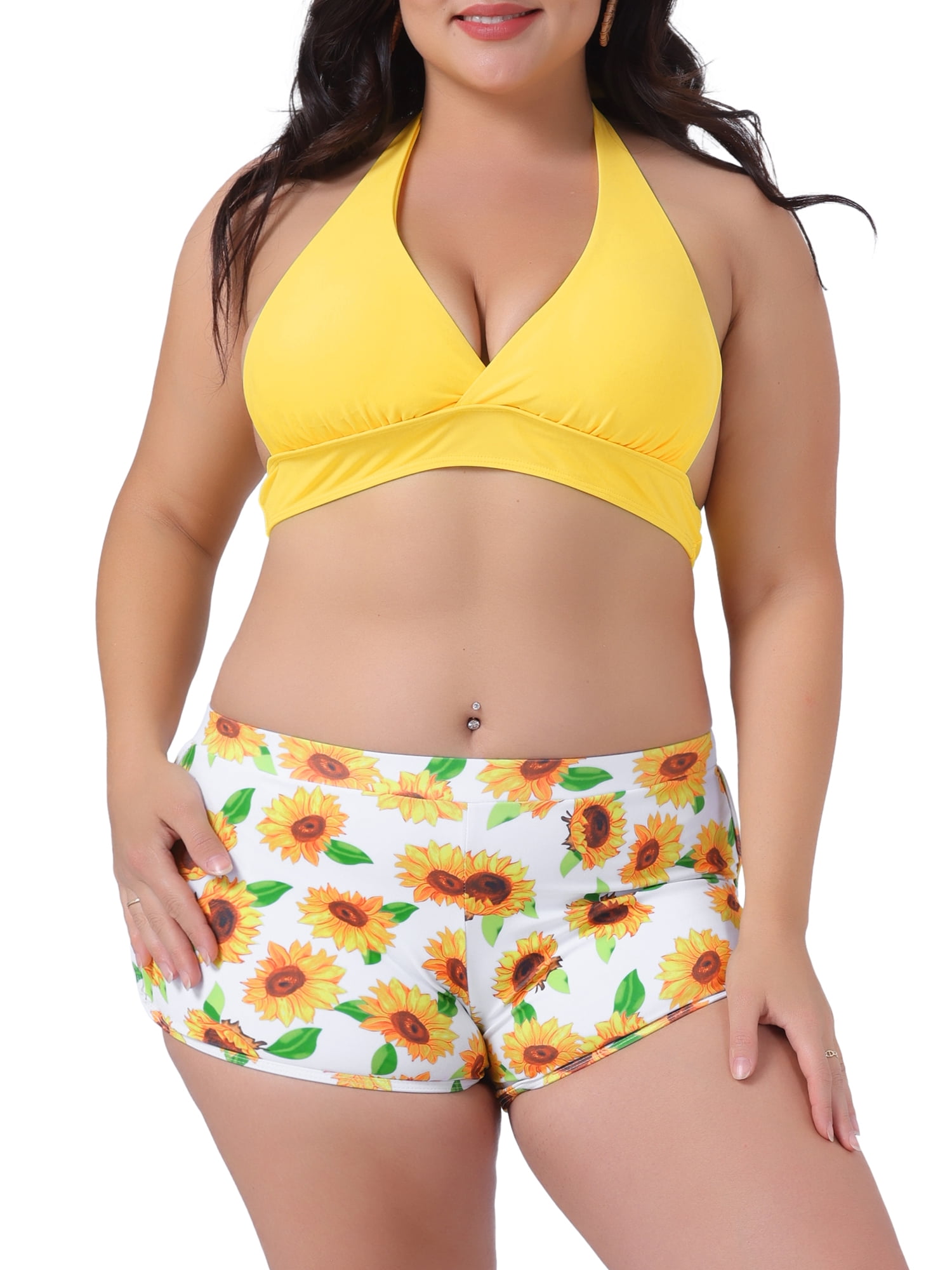 DARING DIVA Women's Plus Size 2 Pcs Swimsuits Halter Bathing Suit Sets L Yellow