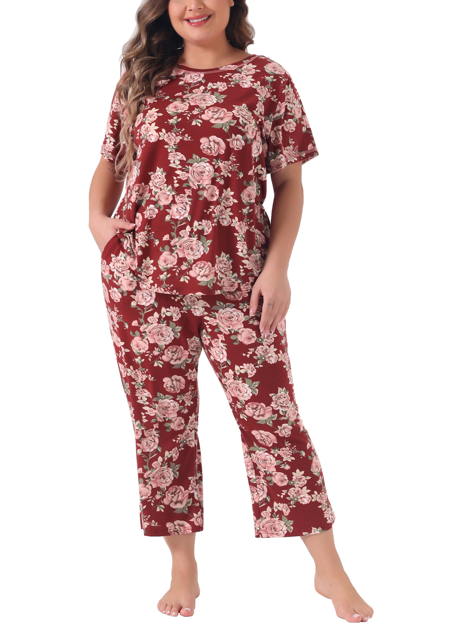 DARING DIVA Women's Plus Size 2-Piece Floral Short Sleeve Pajamas Set 2XL Wine Red