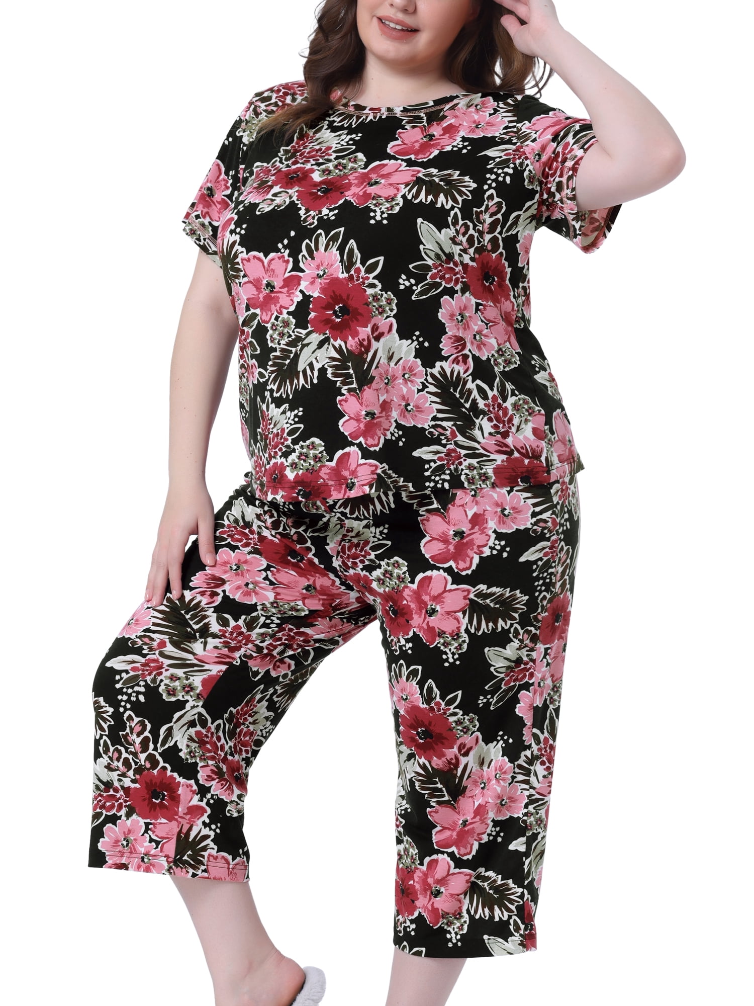 DARING DIVA Women's Plus Size 2-Piece Floral Short Sleeve Pajamas Set 3X Black