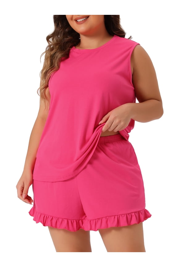 Women's Plus Size 2-Piece Ruffle Knit Sleeveless Pajamas Set 2X Hot Pink