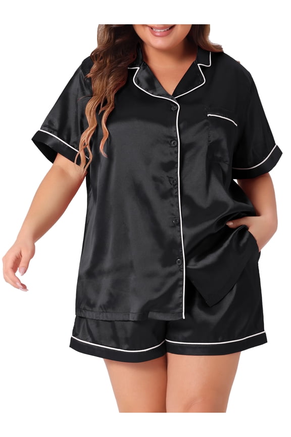 Women's Plus Size 2-Piece Satin Button Down Pajamas Set 1X Black