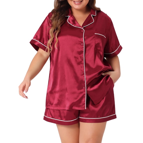 DARING DIVA Women's Plus Size 2-Piece Satin Button Down Pajamas Set 2X Burgundy