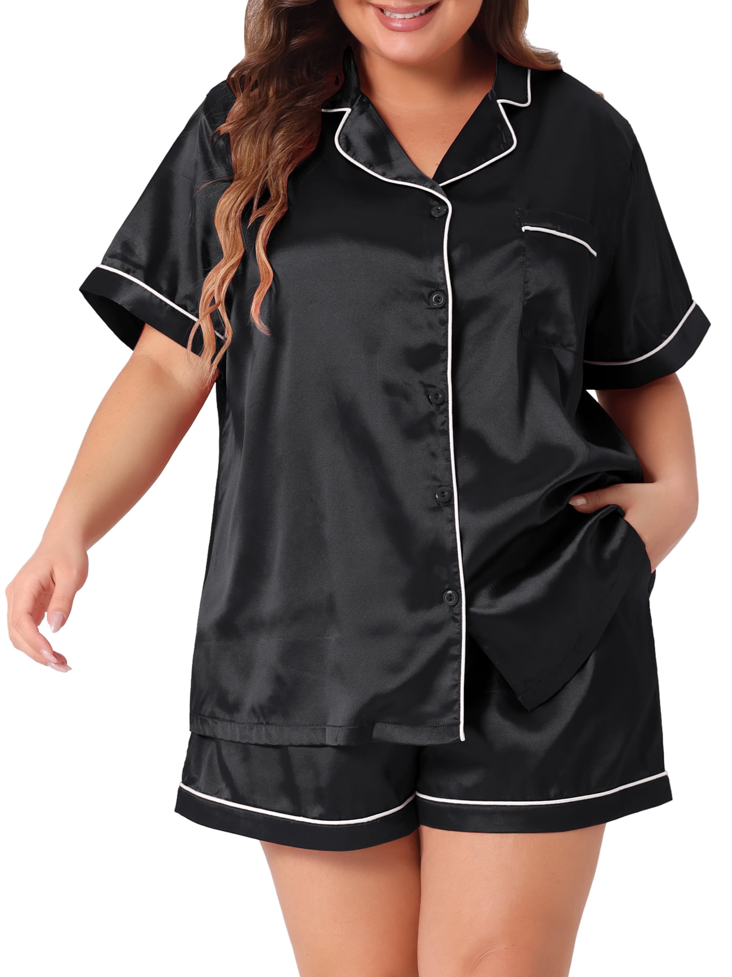 DARING DIVA Women's Plus Size 2-Piece Satin Button Down Pajamas Set 3X Black