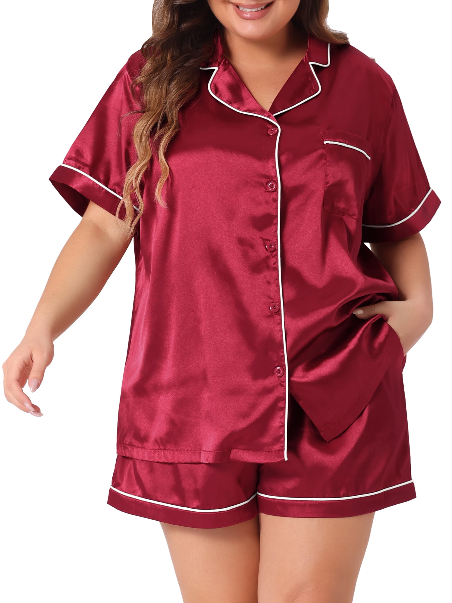 DARING DIVA Women's Plus Size 2-Piece Satin Button Down Pajamas Set 3X Burgundy