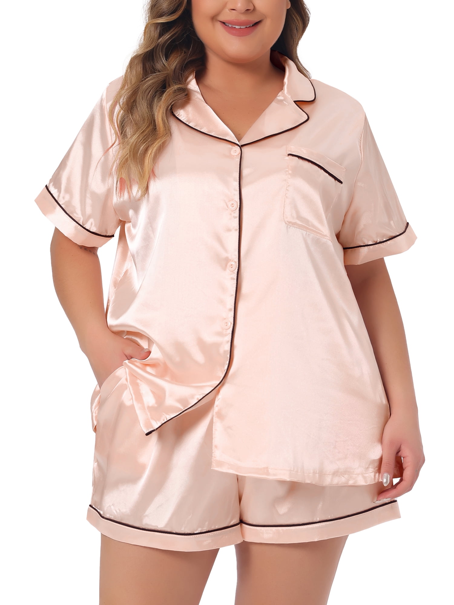 DARING DIVA Women's Plus Size 2-Piece Satin Button Down Pajamas Set 4X Champagne