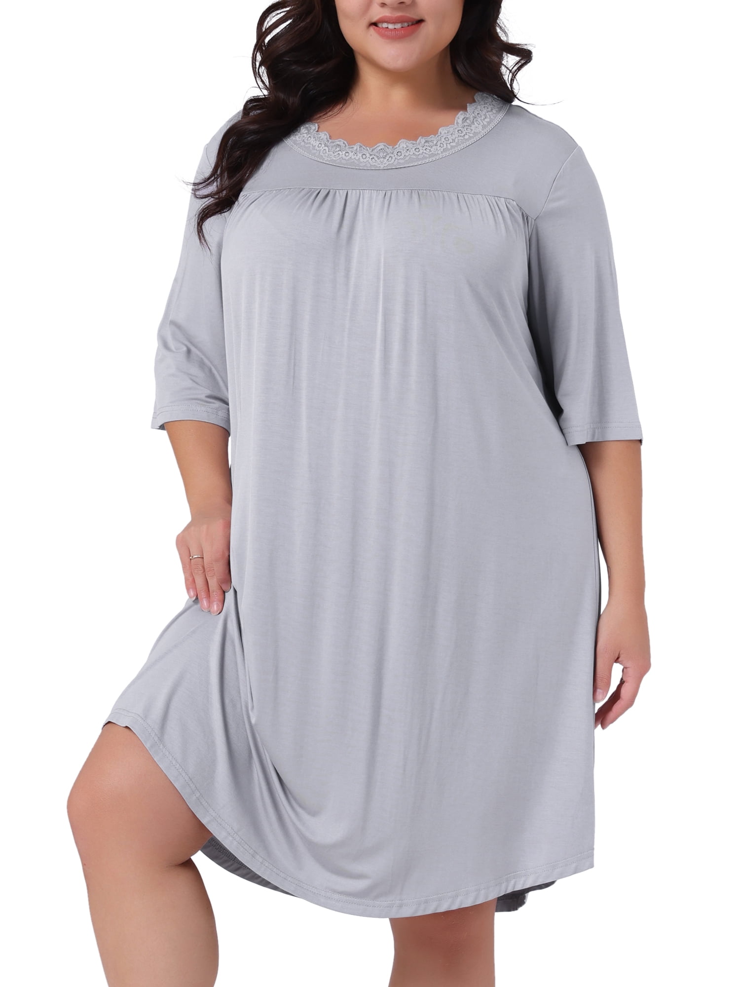 DARING DIVA Women's Plus Size 3/4 Sleeve Lace Crew Neck Comfy Nightgown 1X Light Gray