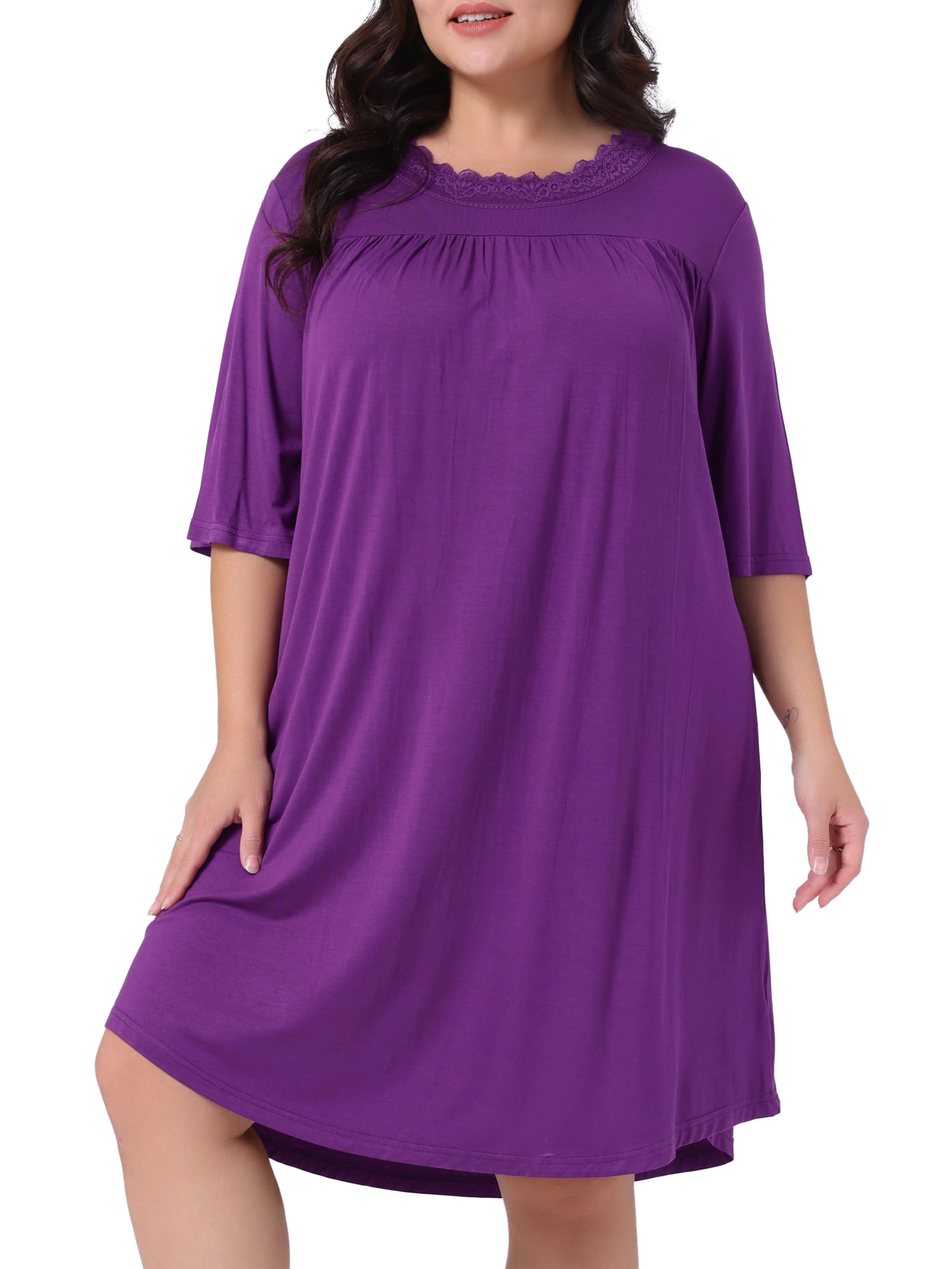 DARING DIVA Women's Plus Size 3/4 Sleeve Lace Crew Neck Comfy Nightgown 1X Purple