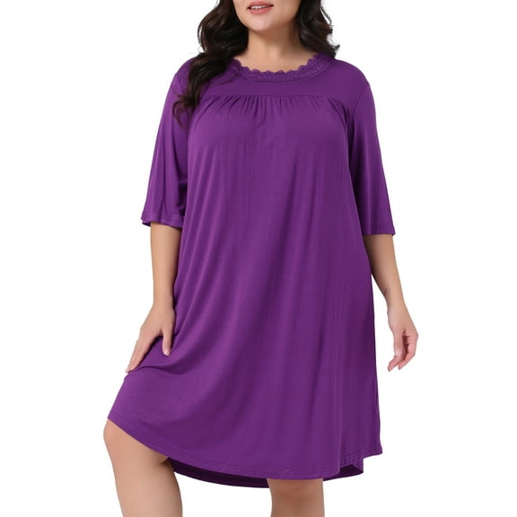 DARING DIVA Women's Plus Size 3/4 Sleeve Lace Crew Neck Comfy Nightgown 2X Purple