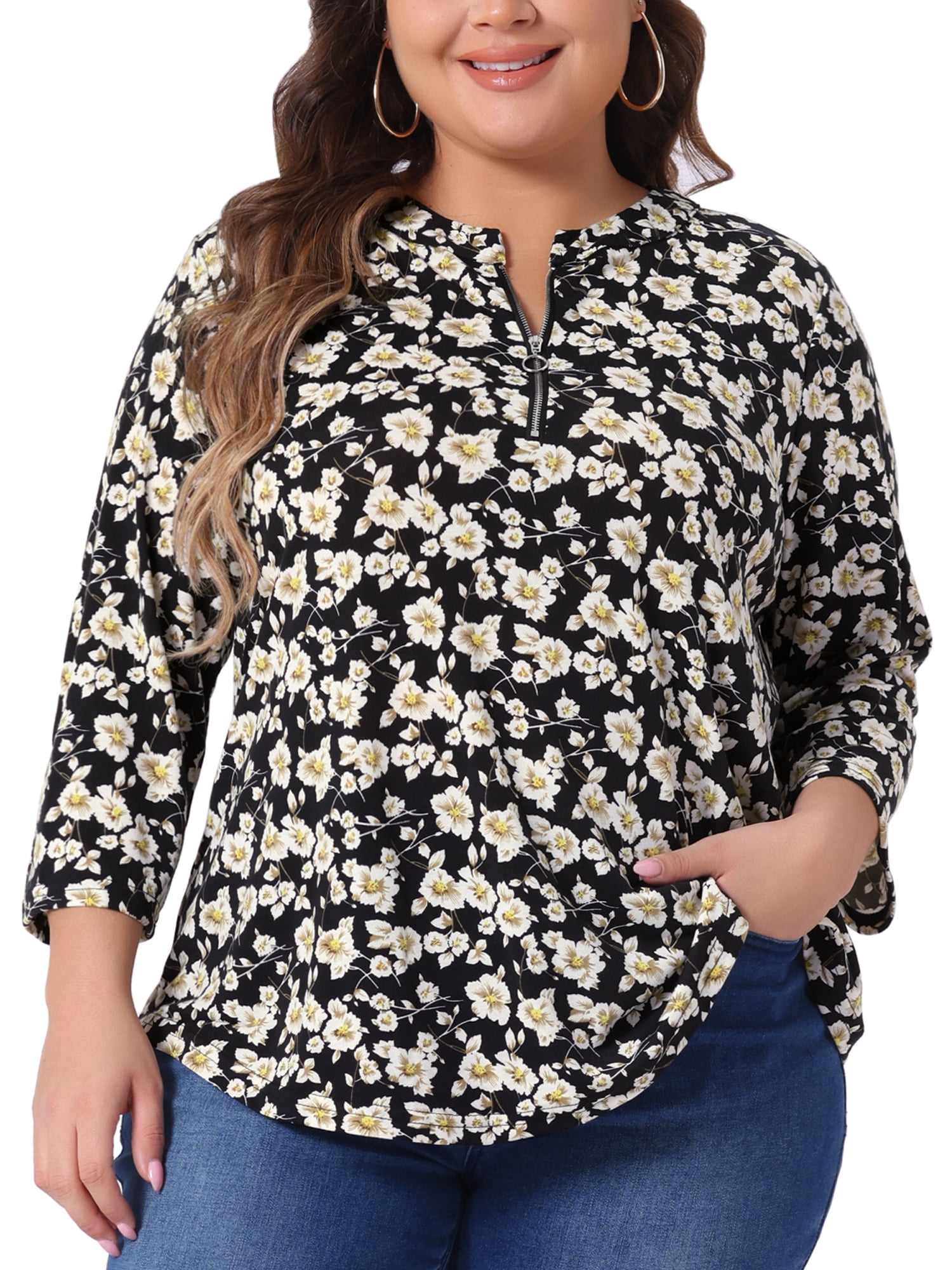DARING DIVA Women' Plus Size 3/4 Sleeve Zip Up Floral Print V Neck Blouse 3X Black