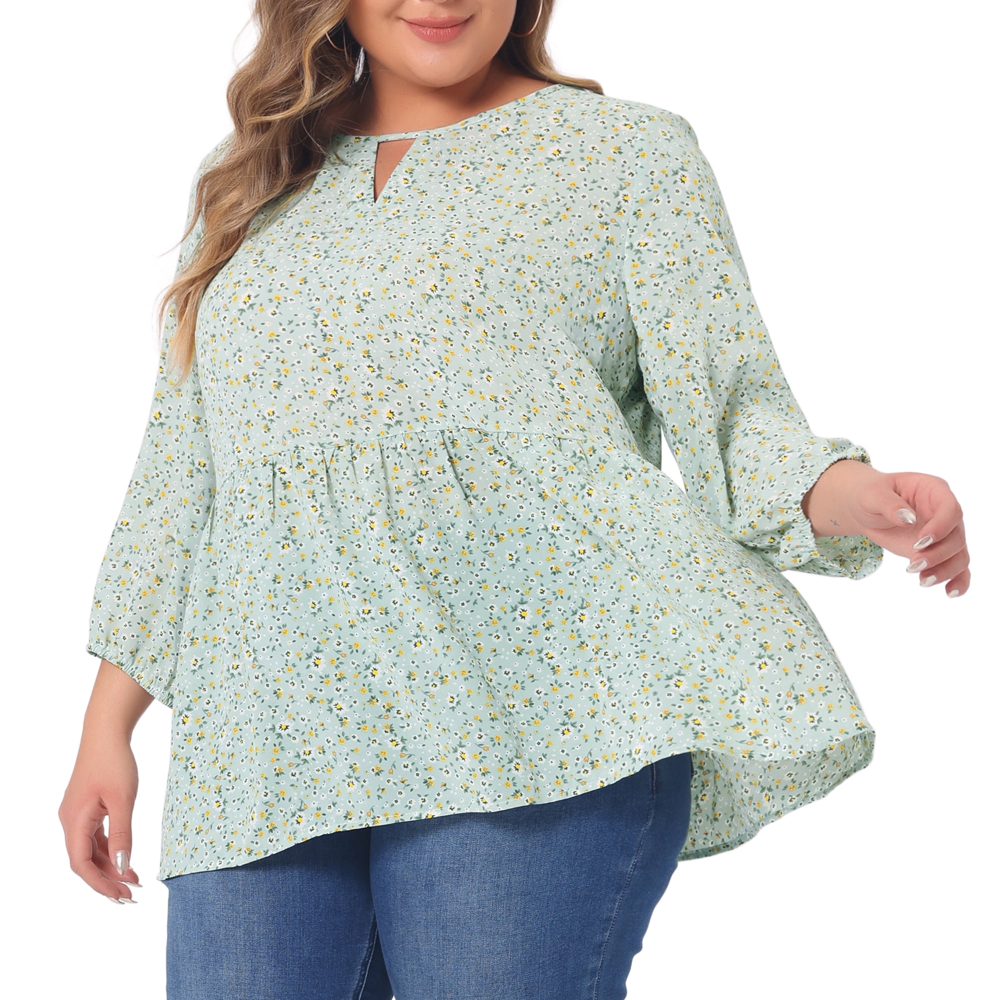 DARING DIVA Women's Plus Size 3/4 Sleeves Chiffon Keyhole Floral Tops 4X Light Green