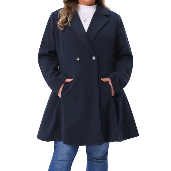 DARING DIVA Women's Plus Size A Line Notched Lapel Double Breasted Coat 1X Dark Blue