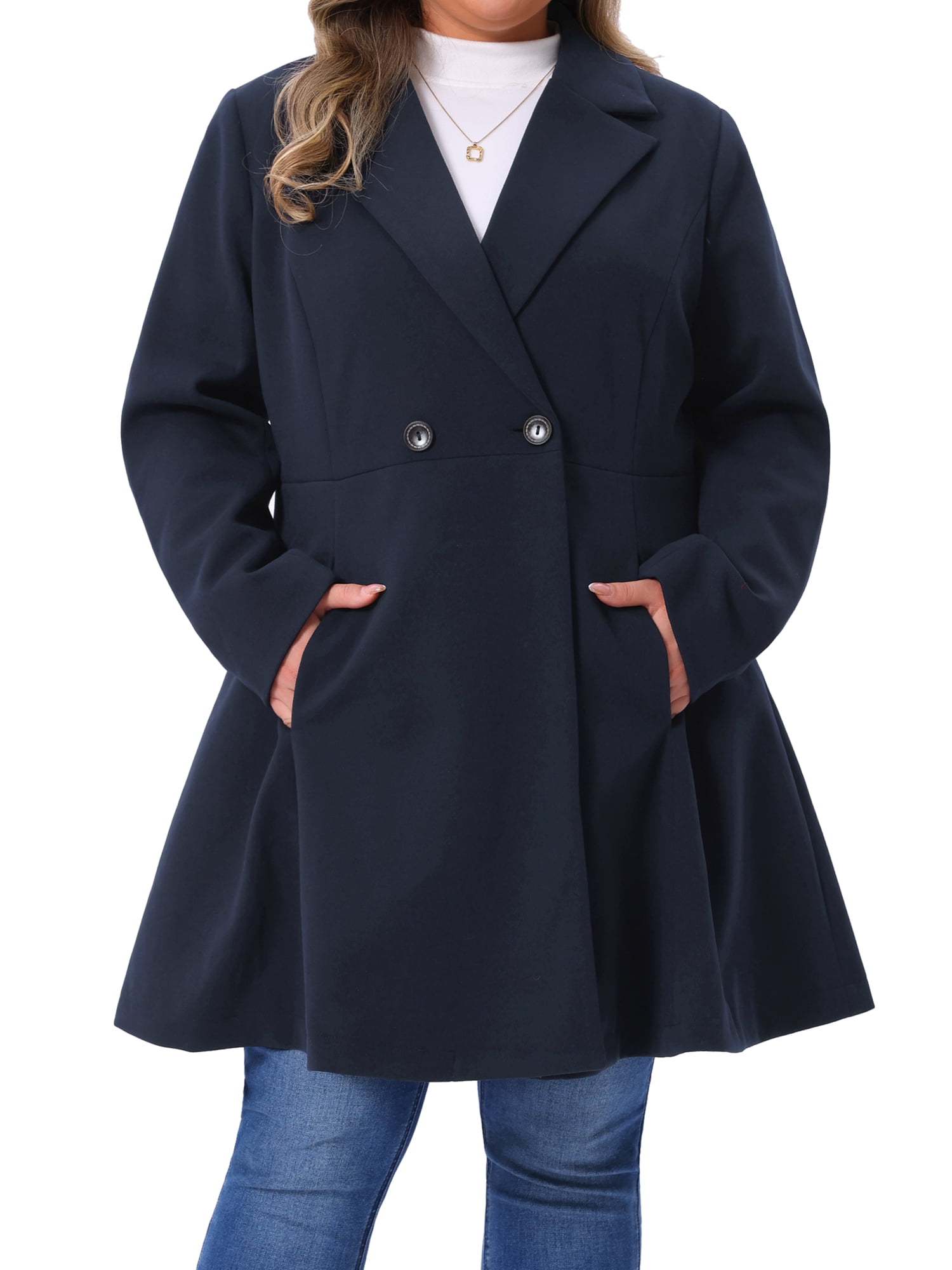 DARING DIVA Women's Plus Size A Line Notched Lapel Double Breasted Coat 2X Dark Blue