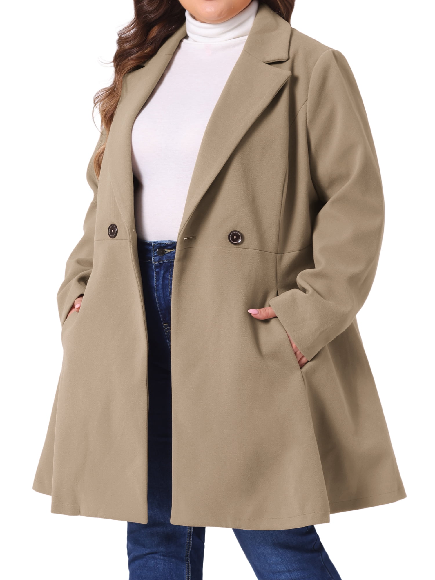 DARING DIVA Women's Plus Size A Line Notched Lapel Double Breasted Coat 4X Khaki