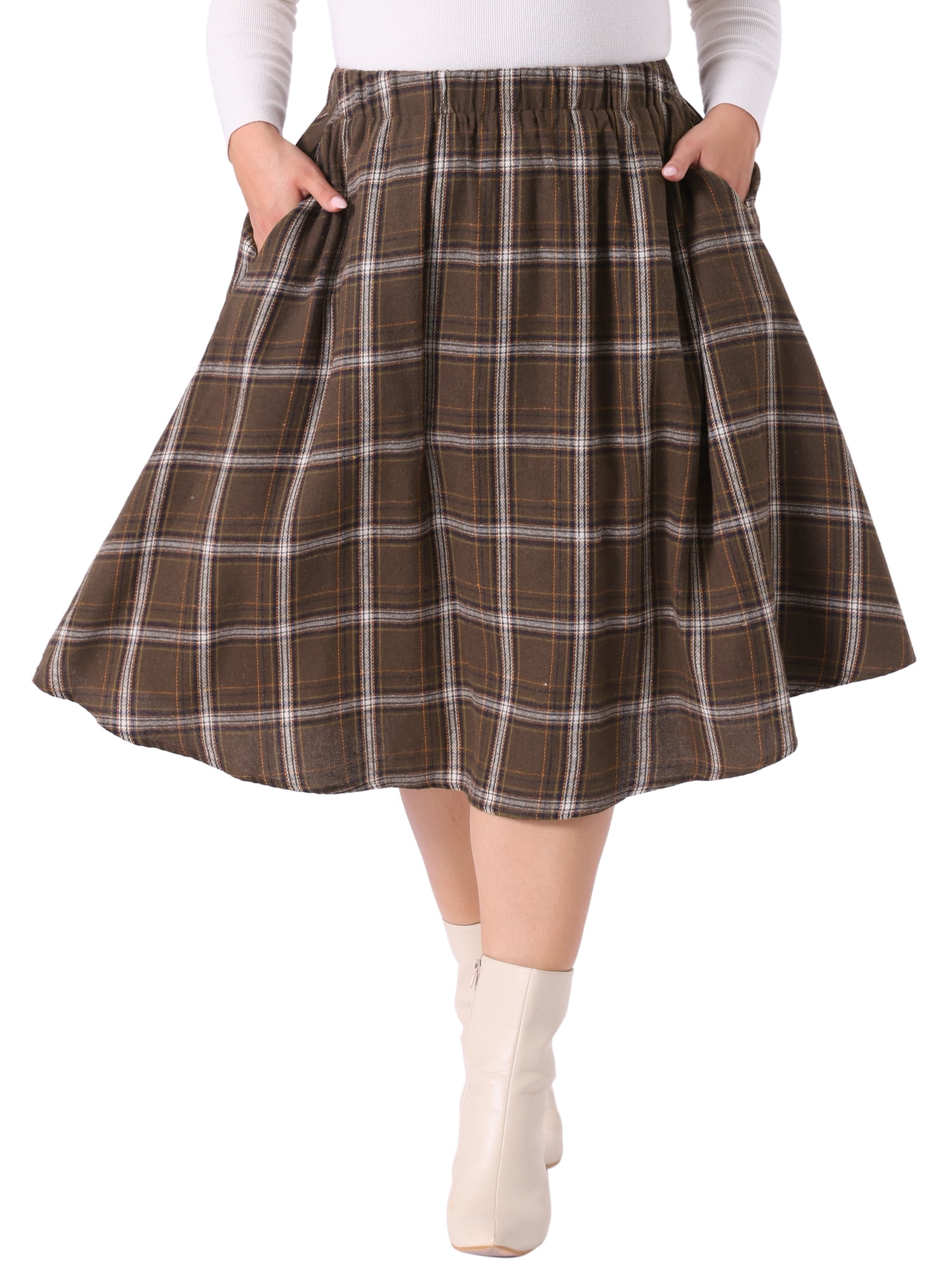 DARING DIVA Women's Plus Size A-line Plaid Printed Flare Midi Skirt 1X Brown