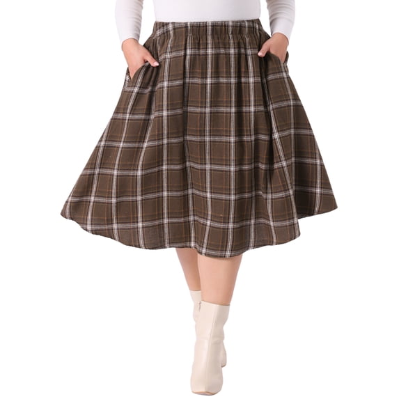 DARING DIVA Women's Plus Size A-line Plaid Printed Flare Midi Skirt 3X Brown