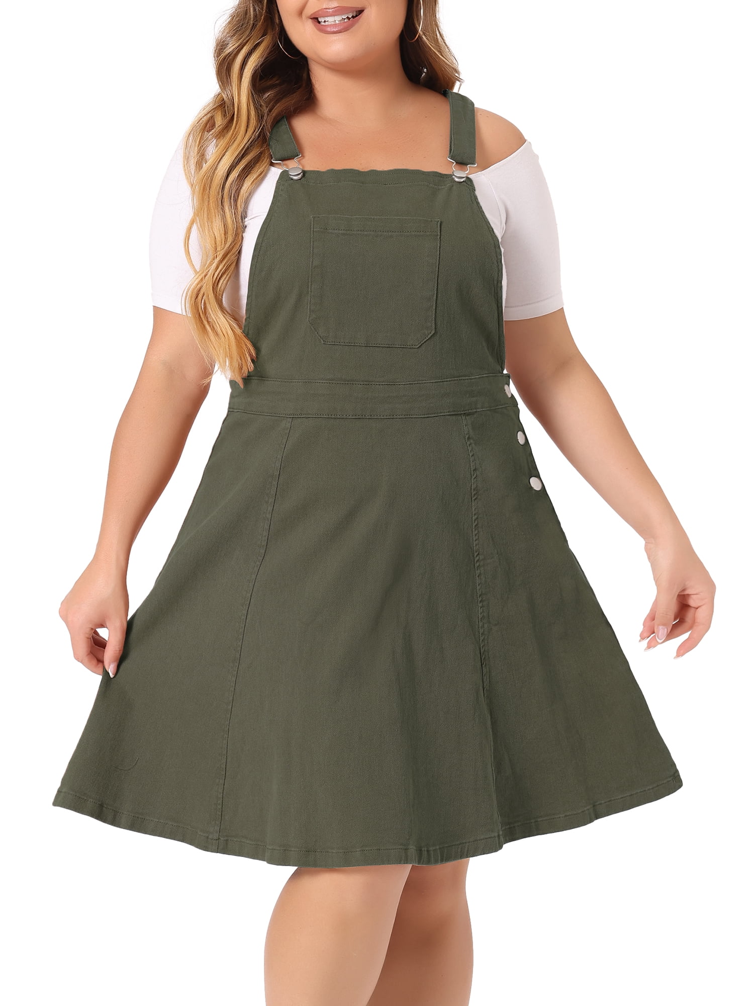 DARING DIVA Women's Plus Size Adjustable Straps Pockets Denim Dress 3X Army Green