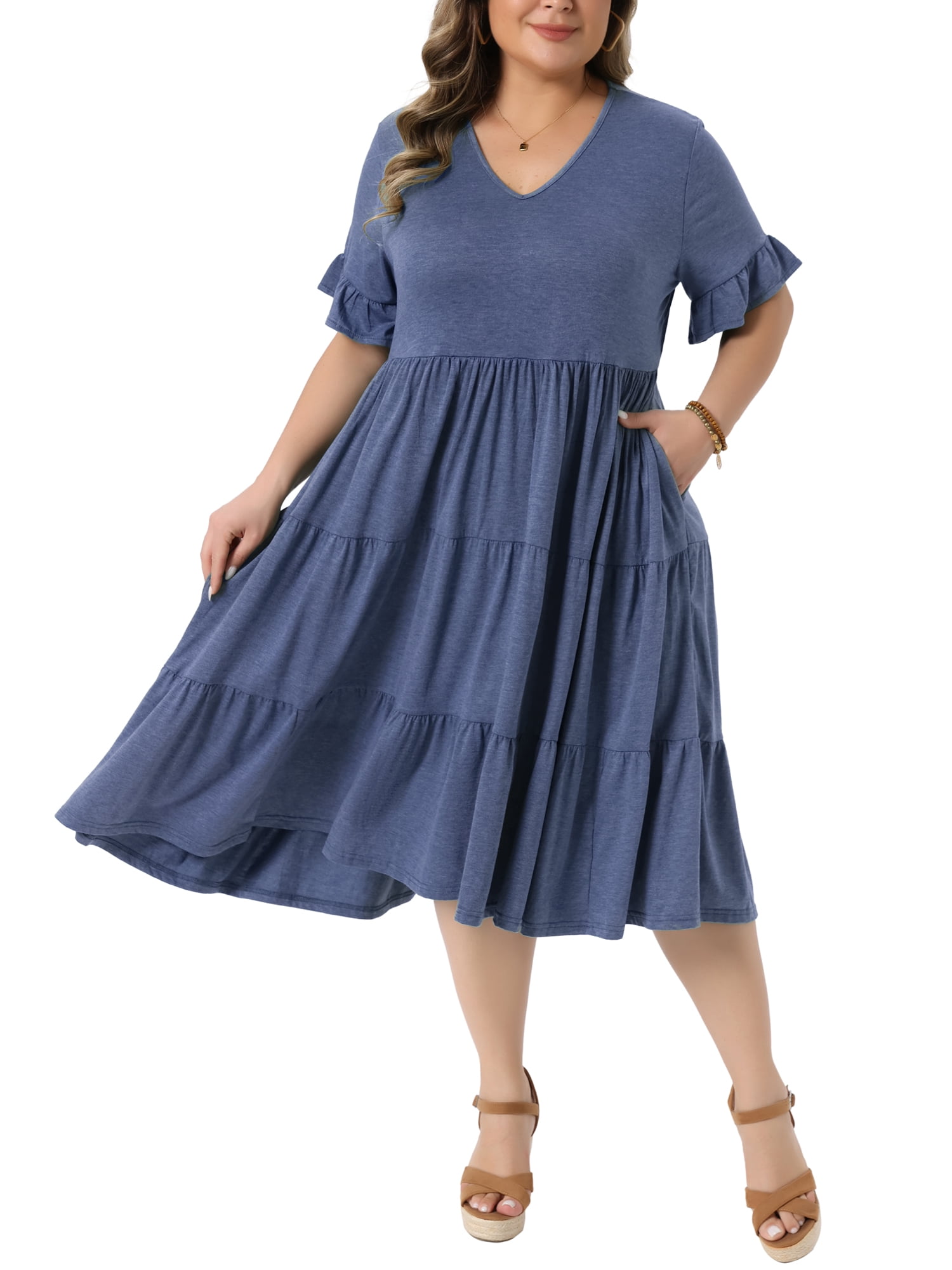 DARING DIVA Women's Plus Size Babydoll V Neck Ruffle Sleeve Swing Tiered Dress 1X Blue