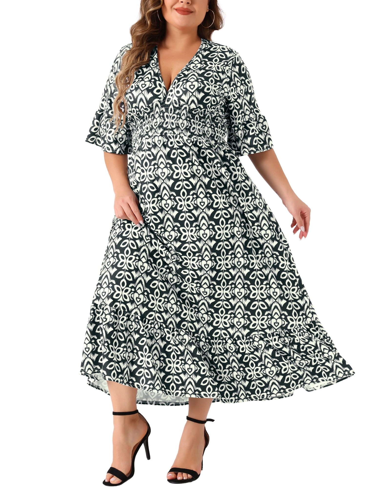 DARING DIVA Women's Plus Size Bell Sleeve Ruffled Hem Boho A Line Dress 1X Black