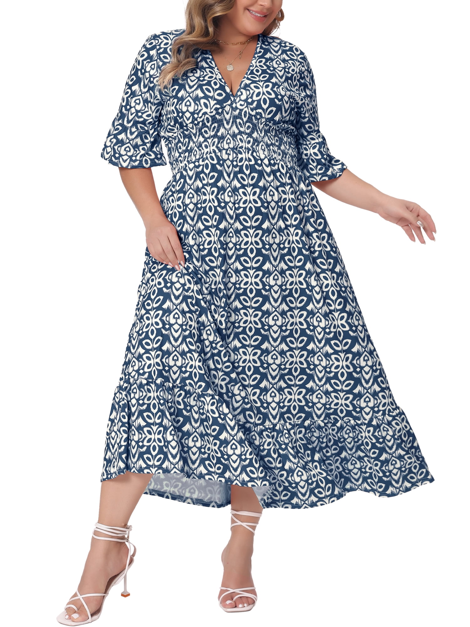 DARING DIVA Women's Plus Size Bell Sleeve Ruffled Hem Boho A Line Dress 1X Navy Blue