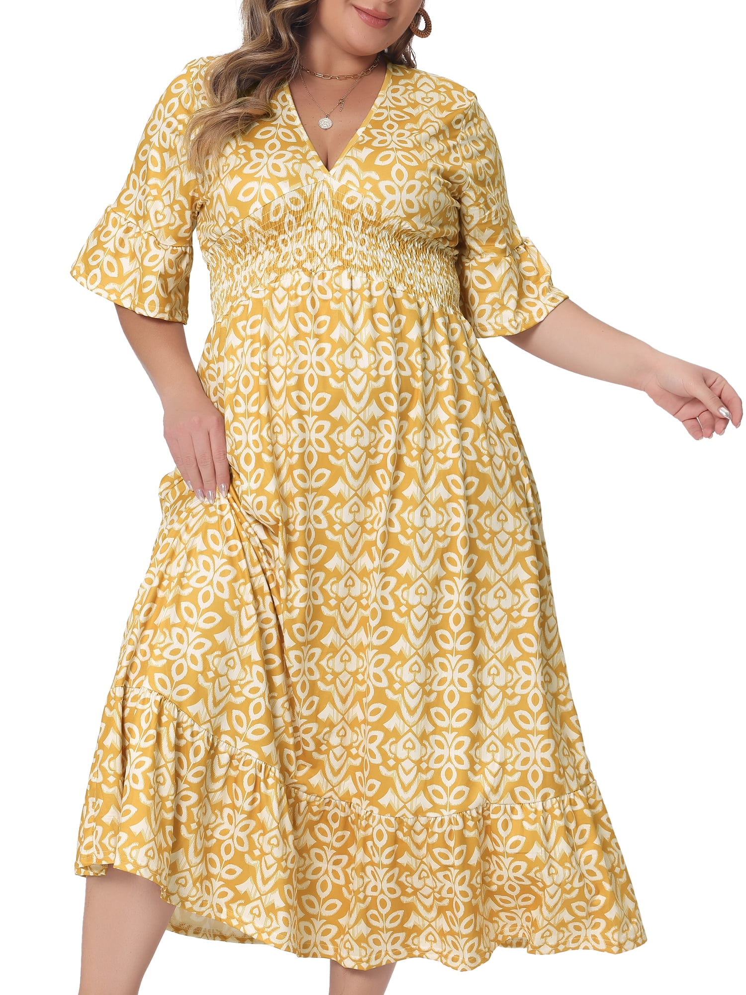 DARING DIVA Women's Plus Size Bell Sleeve Ruffled Hem Boho A Line Dress 1X Yellow