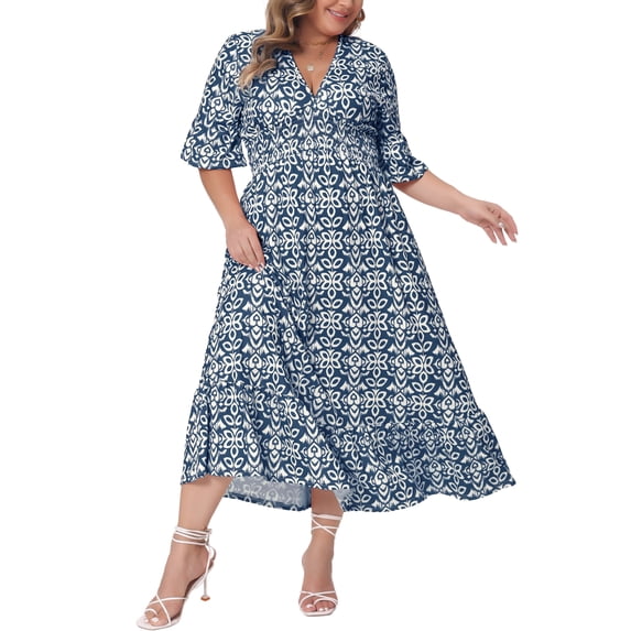 DARING DIVA Women's Plus Size Bell Sleeve Ruffled Hem Boho A Line Dress 2X Navy Blue