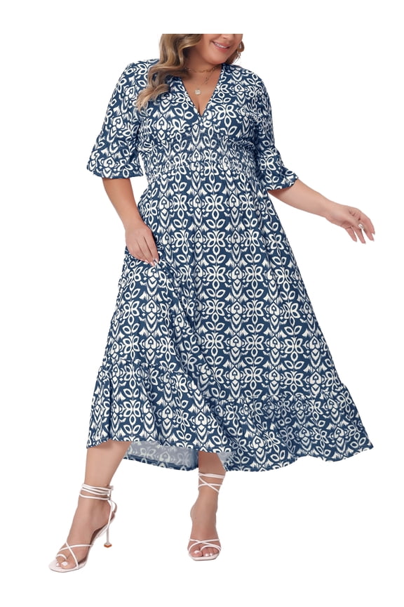 Women's Plus Size Bell Sleeve Ruffled Hem Boho A Line Dress 3X Navy Blue