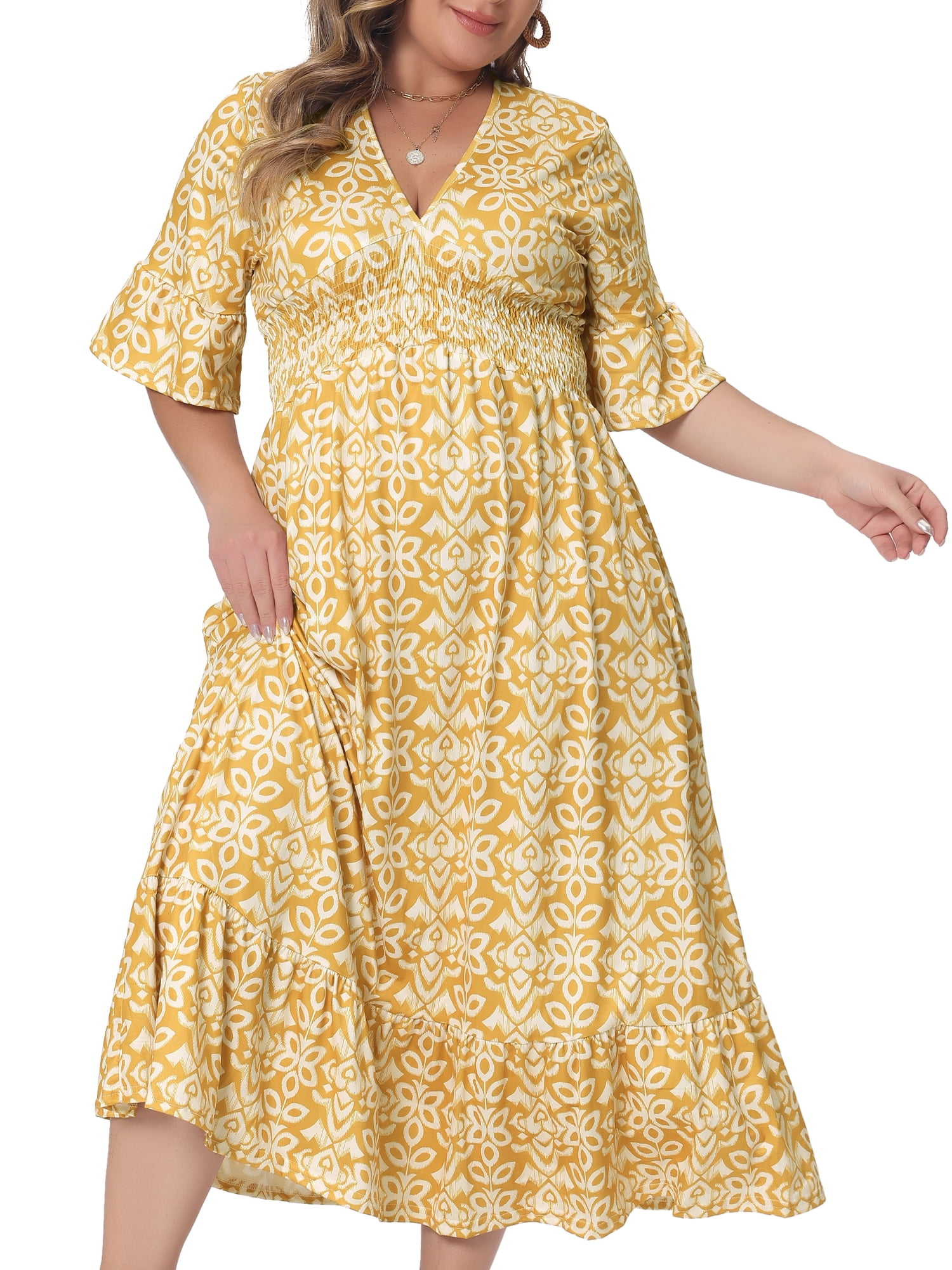 DARING DIVA Women's Plus Size Bell Sleeve Ruffled Hem Boho A Line Dress 3X Yellow