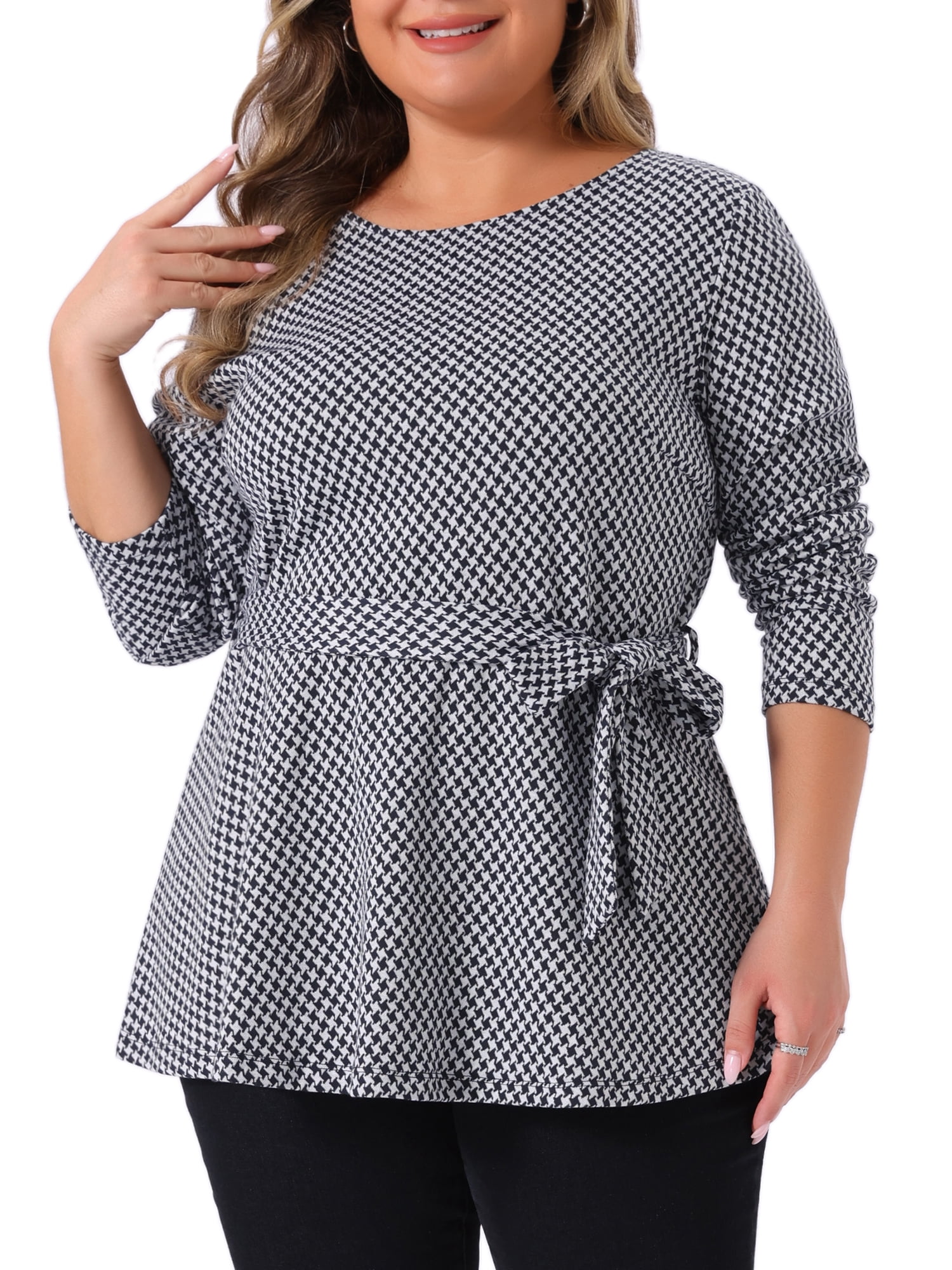DARING DIVA Women's Plus Size Belted Tie Houndstooth Blouse Tunic 2X Dark Blue
