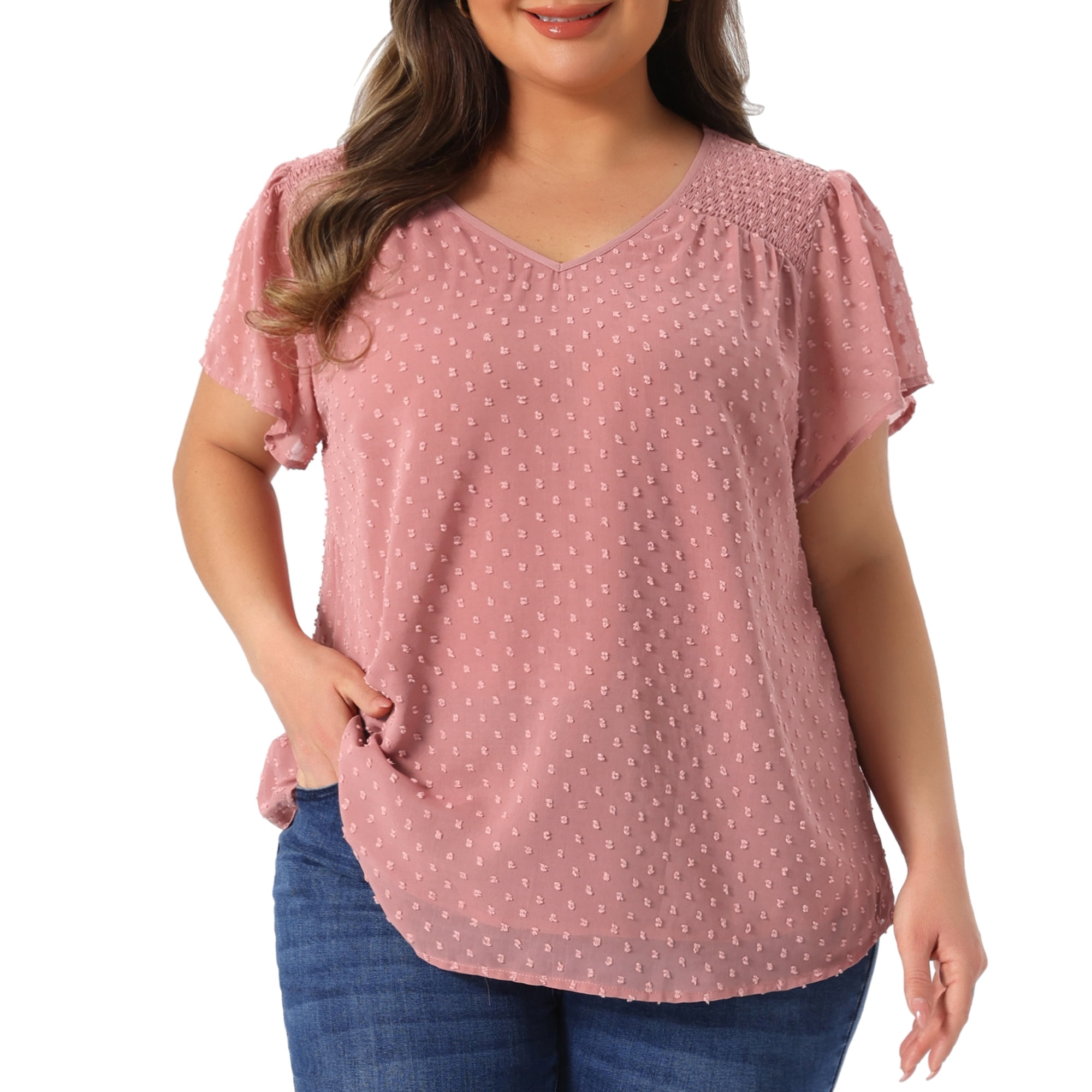 DARING DIVA Women's Plus Size Blouses Pin Dots Smocked Flare Sleeve Top 1X Pink