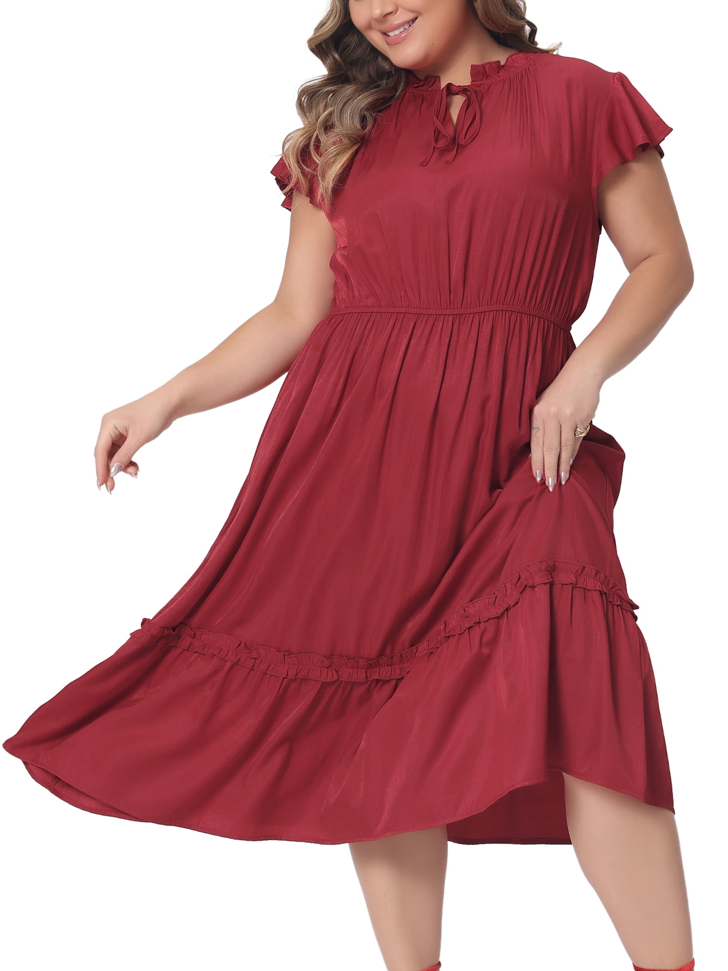 DARING DIVA Women's Plus Size Bow Tie Neck Ruffle Cap Sleeve A Line Midi Dress 3X Red