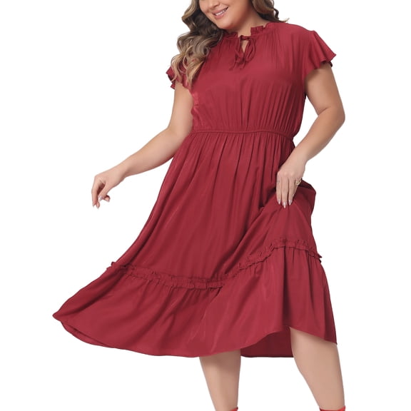 DARING DIVA Women's Plus Size Bow Tie Neck Ruffle Cap Sleeve A Line Midi Dress 4X Red