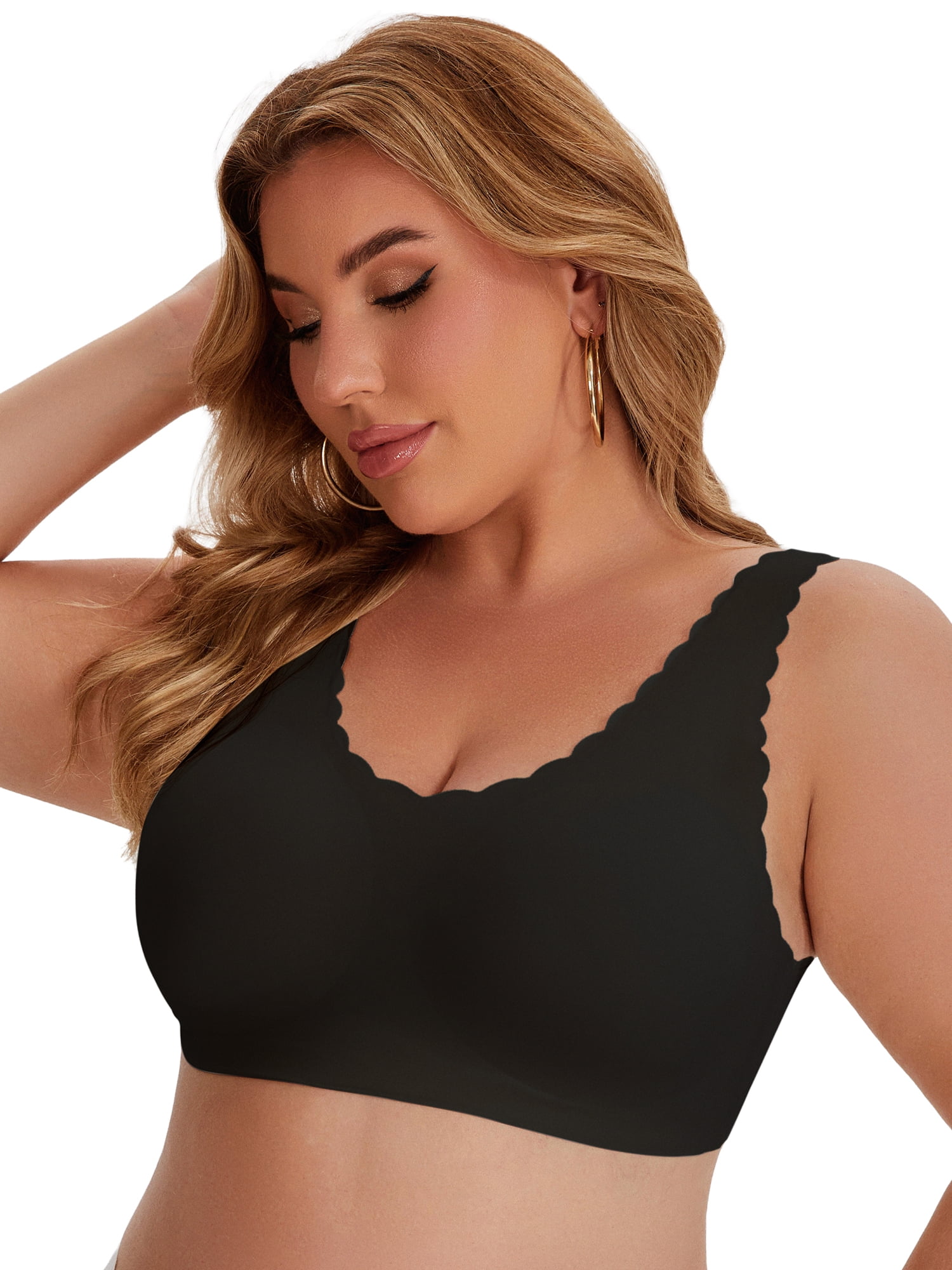 DARING DIVA Women's Plus Size Bras Waved Edge Wireless Push Up Tshirt Bralettes 3XL Black