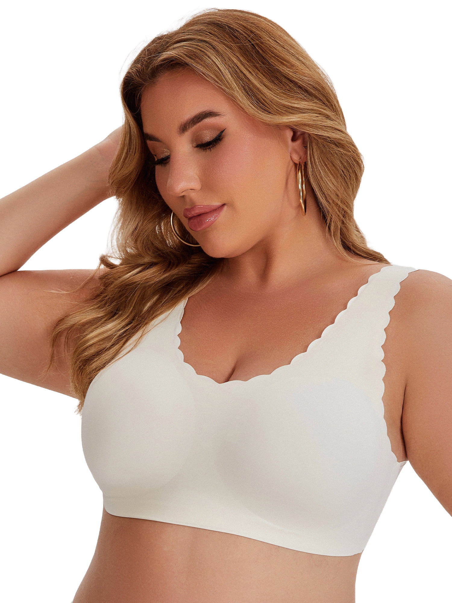 DARING DIVA Women's Plus Size Bras Waved Edge Wireless Push Up Tshirt Bralettes 3XL White