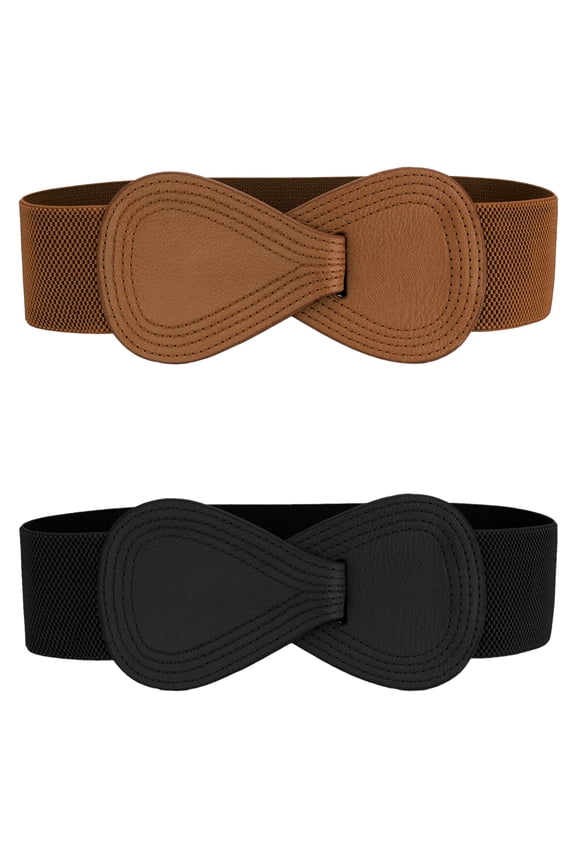 Women's Plus Size Buckle Waist Belt 2 Pcs 39.4"x2.36" Black & Coffee