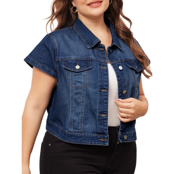 DARING DIVA Women's Plus Size Button Down Cap Sleeve Cropped Jacket 1X Dark Blue