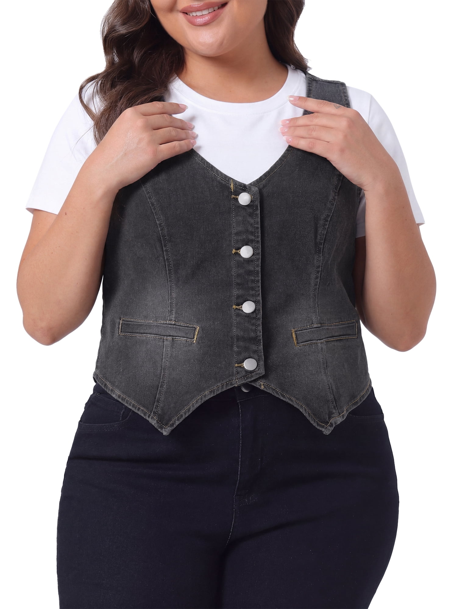 DARING DIVA Women's Plus Size Button Down V Neck Sleeveless Jean Waistcoat 1X Gray