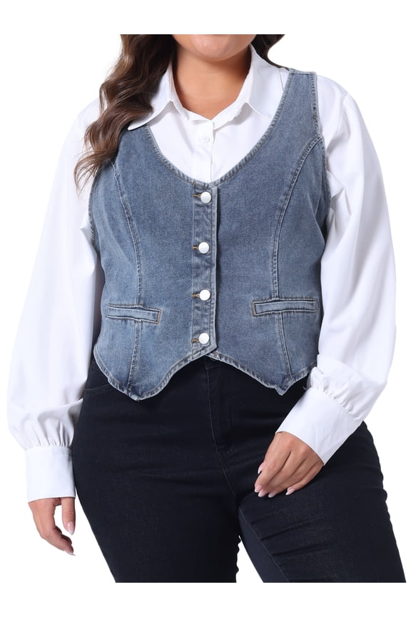 Women's Plus Size Button Down Casual Sleeveless Jean Jacket 3X Gray Blue