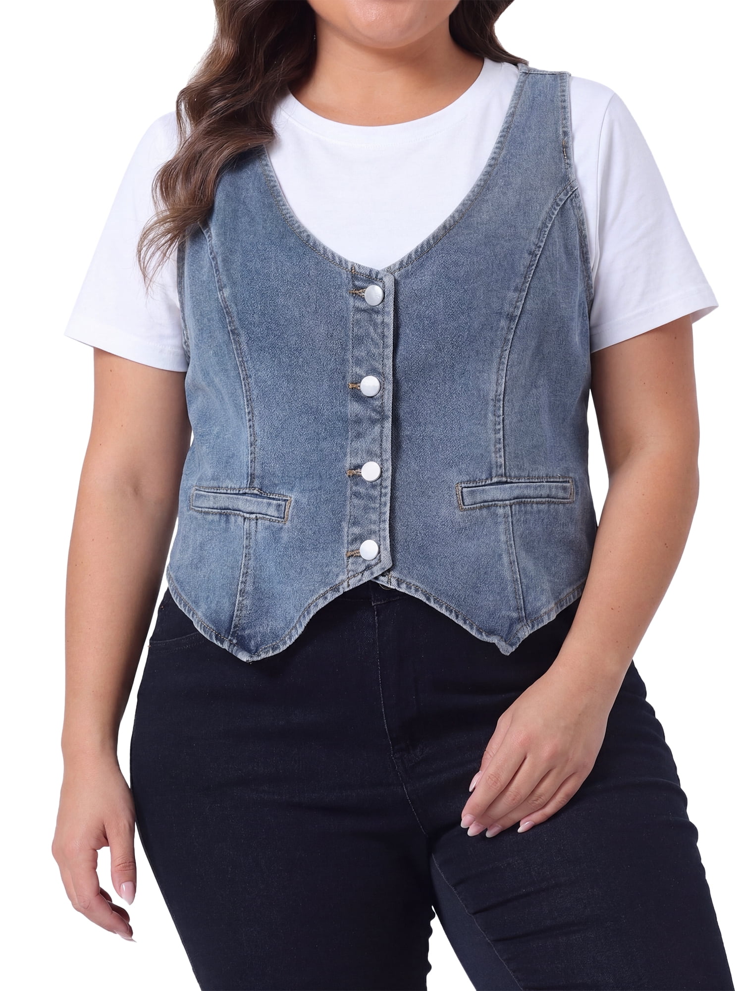 DARING DIVA Women's Plus Size Button Down V Neck Sleeveless Jean Waistcoat 4X Gray Blue