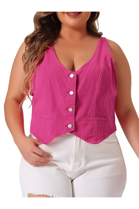Women's Plus Size Button Down Casual Sleeveless Jean Jacket 4X Hot Pink