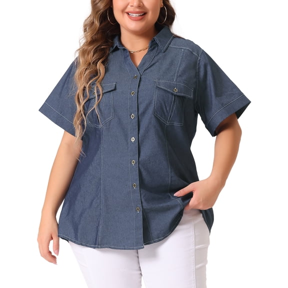 DARING DIVA Women's Plus Size Button Down Chambray Denim Shirts 1X Black Blue