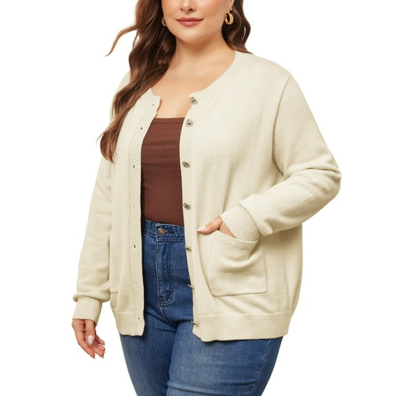 DARING DIVA Women's Plus Size Button Down Crew Neck Cardigan Sweater 1X Beige