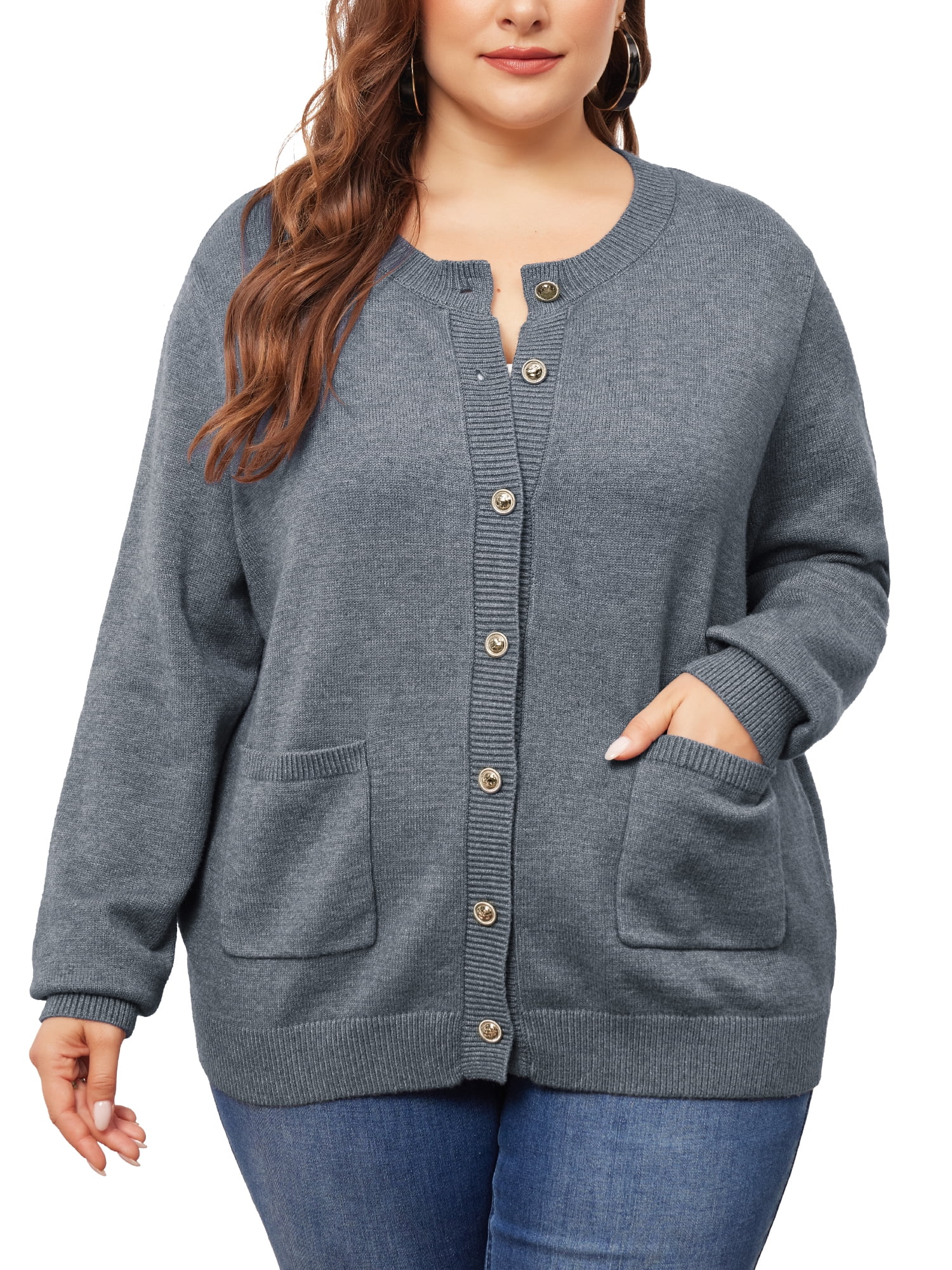 DARING DIVA Women's Plus Size Button Down Crew Neck Cardigan Sweater 1X Gray
