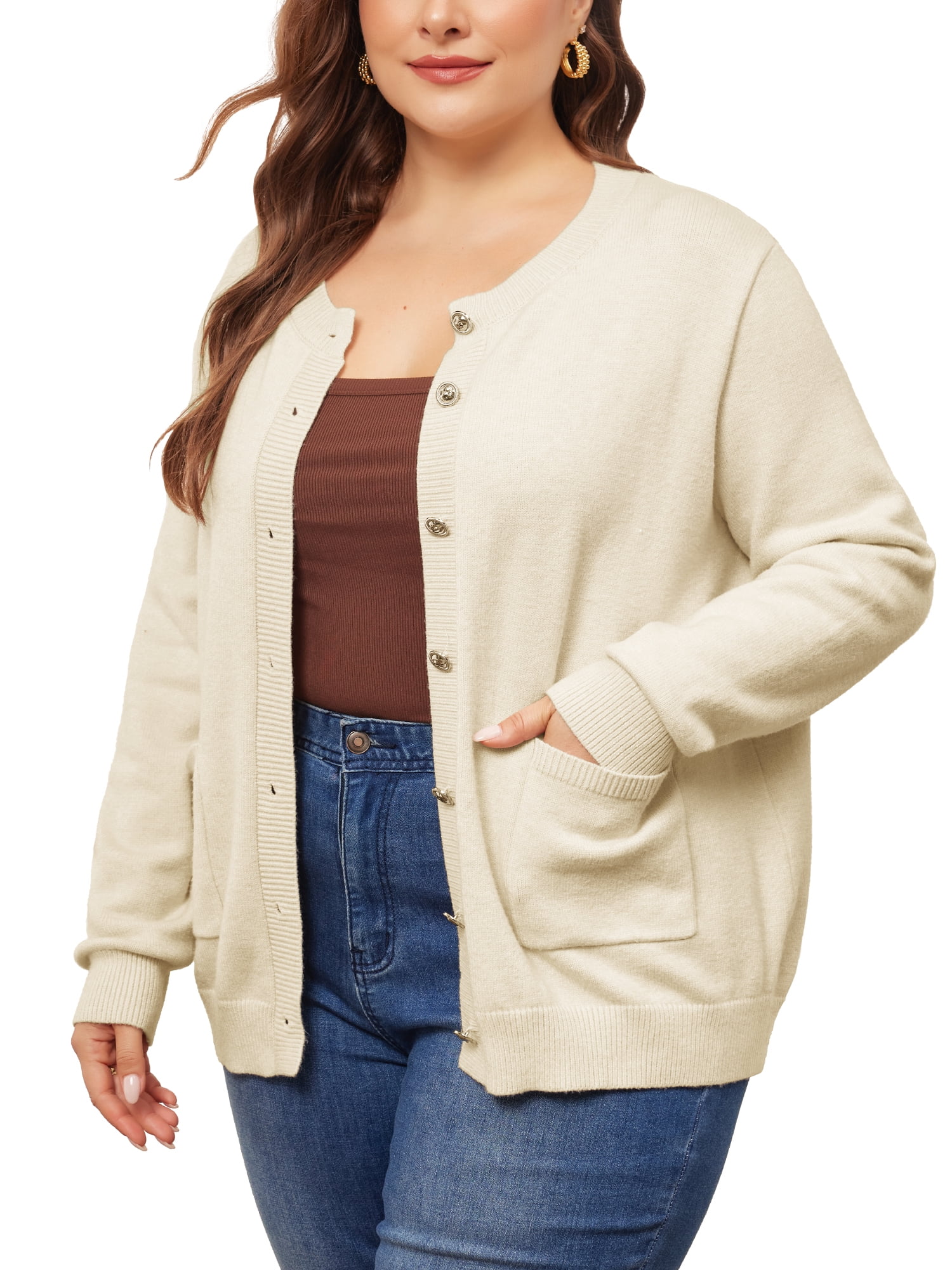 DARING DIVA Women's Plus Size Button Down Crew Neck Cardigan Sweater 2X Beige