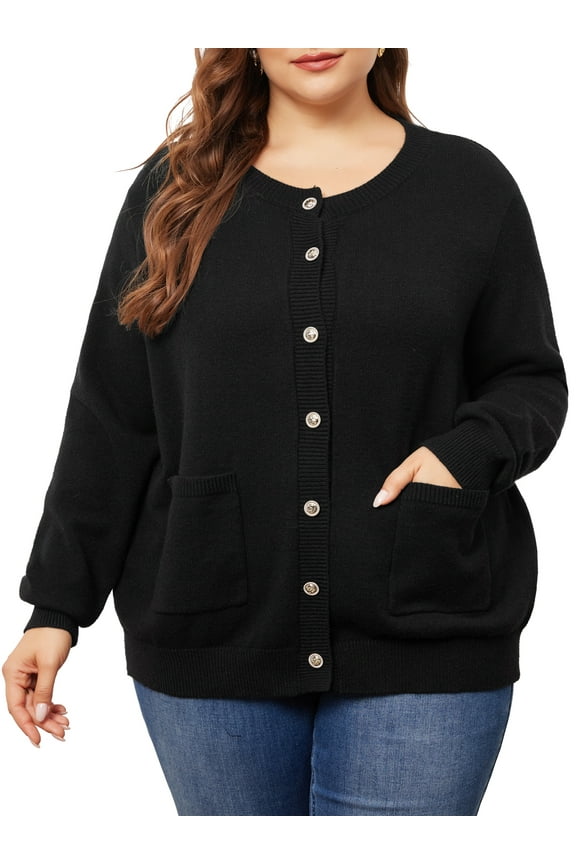 Women's Plus Size Button Down Crew Neck Cardigan Sweater 2X Black