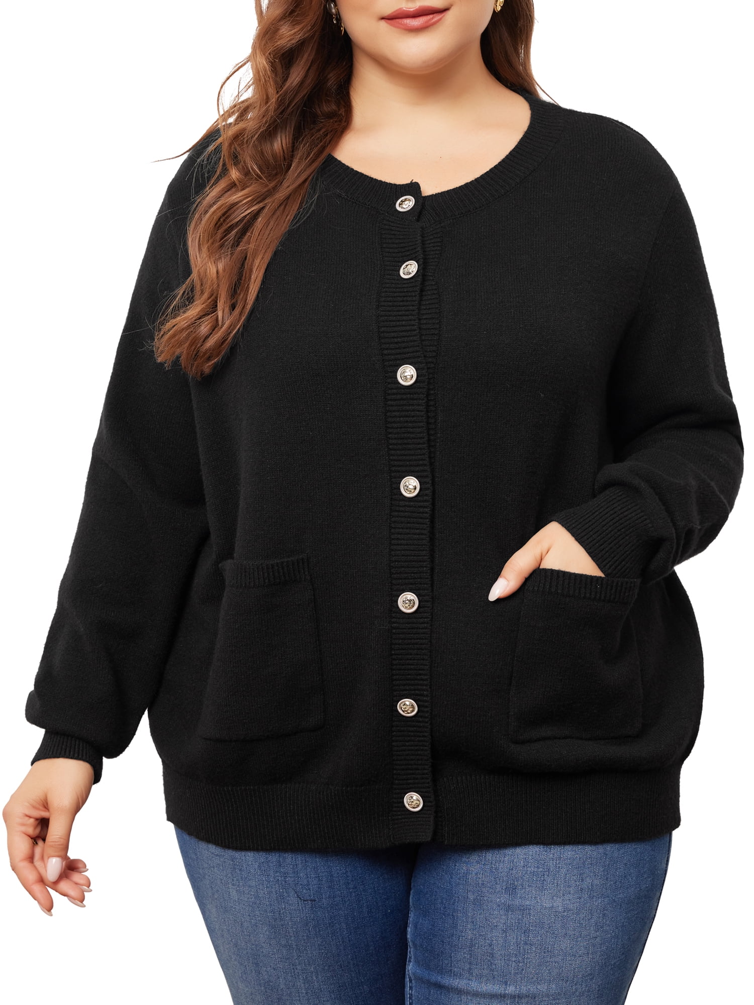 DARING DIVA Women's Plus Size Button Down Crew Neck Cardigan Sweater 3X Black
