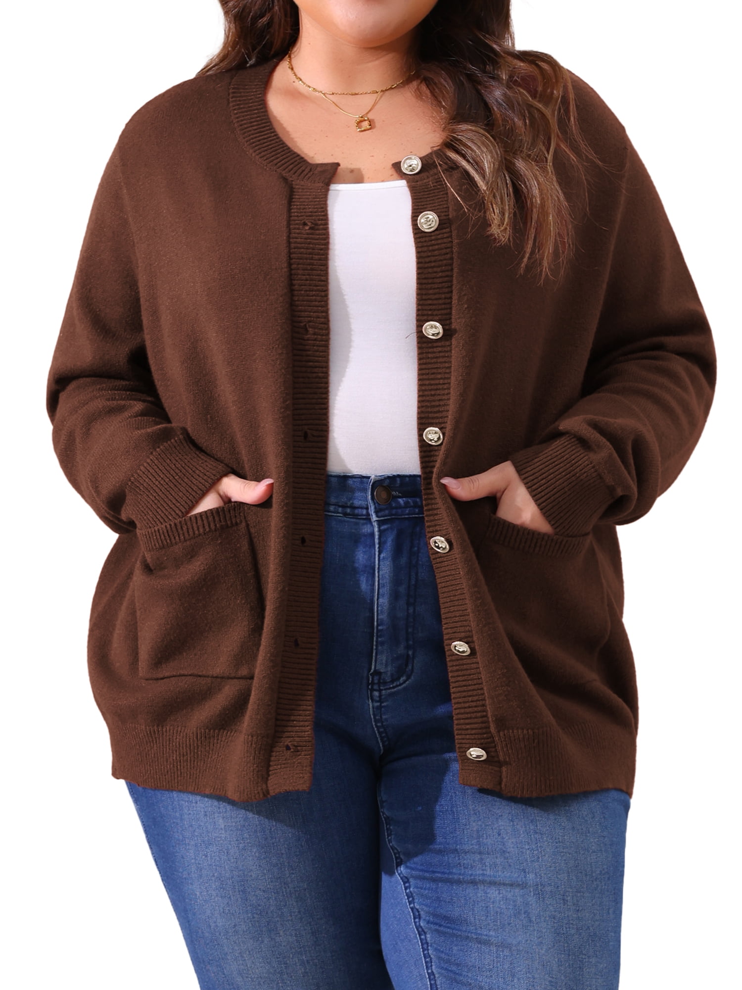 DARING DIVA Women's Plus Size Button Down Crew Neck Cardigan Sweater 3X Dark Brown
