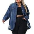 thumbnail image 1 of DARING DIVA Women's Plus Size Button Down Long Distressed Denim Jacket 1X Dark Blue, 1 of 6