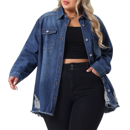 DARING DIVA Women's Plus Size Button Down Long Distressed Denim Jacket 1X Dark Blue