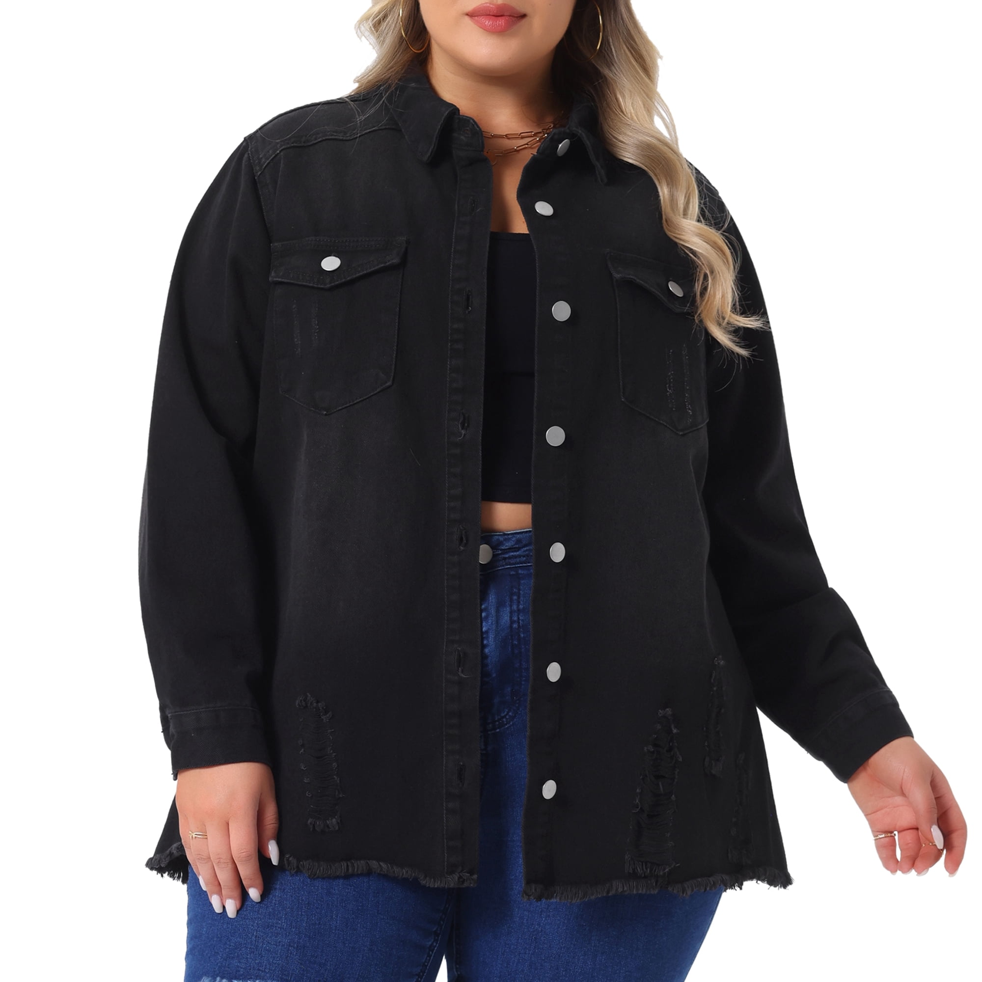 DARING DIVA Women's Plus Size Button Down Long Distressed Denim Jacket 3X Black